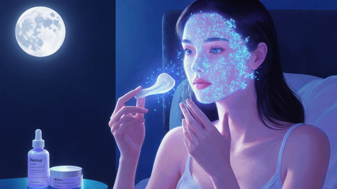 Žena aplikuje retinol večer, světelné molekuly pronikají do její kůže.