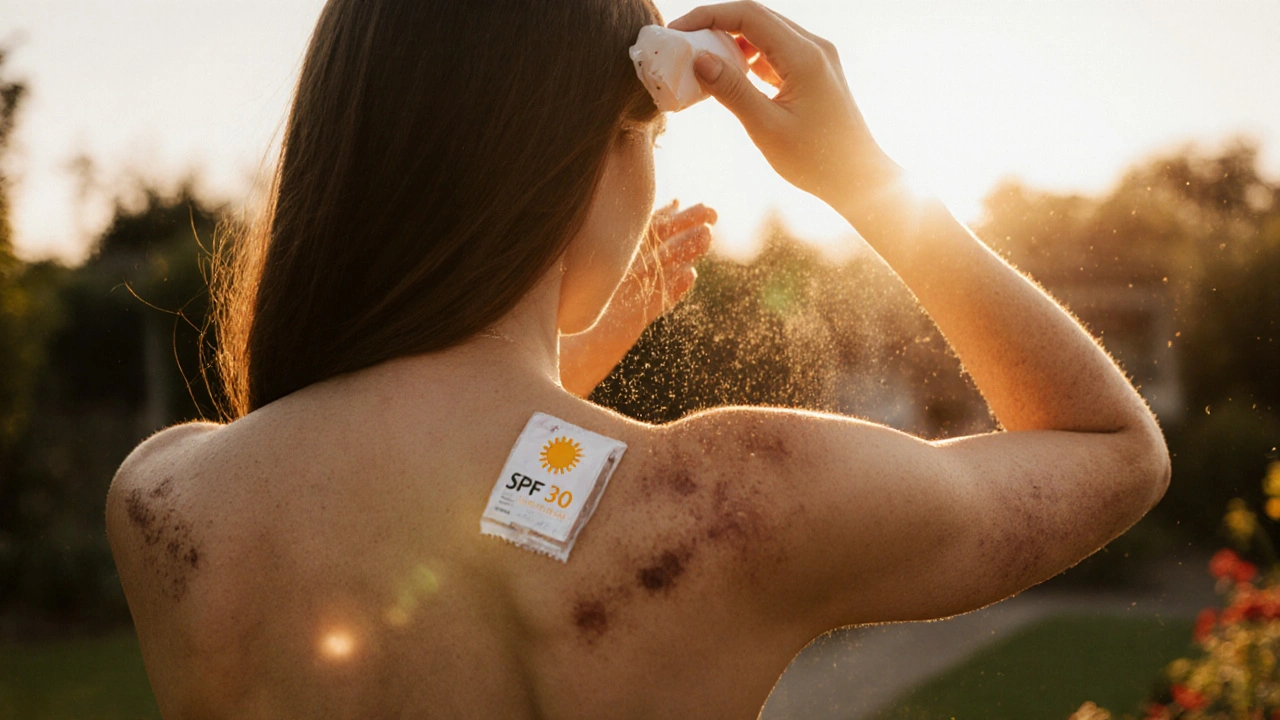 Žena aplikuje sluneční ochranu na záda ve večerním zahradě.