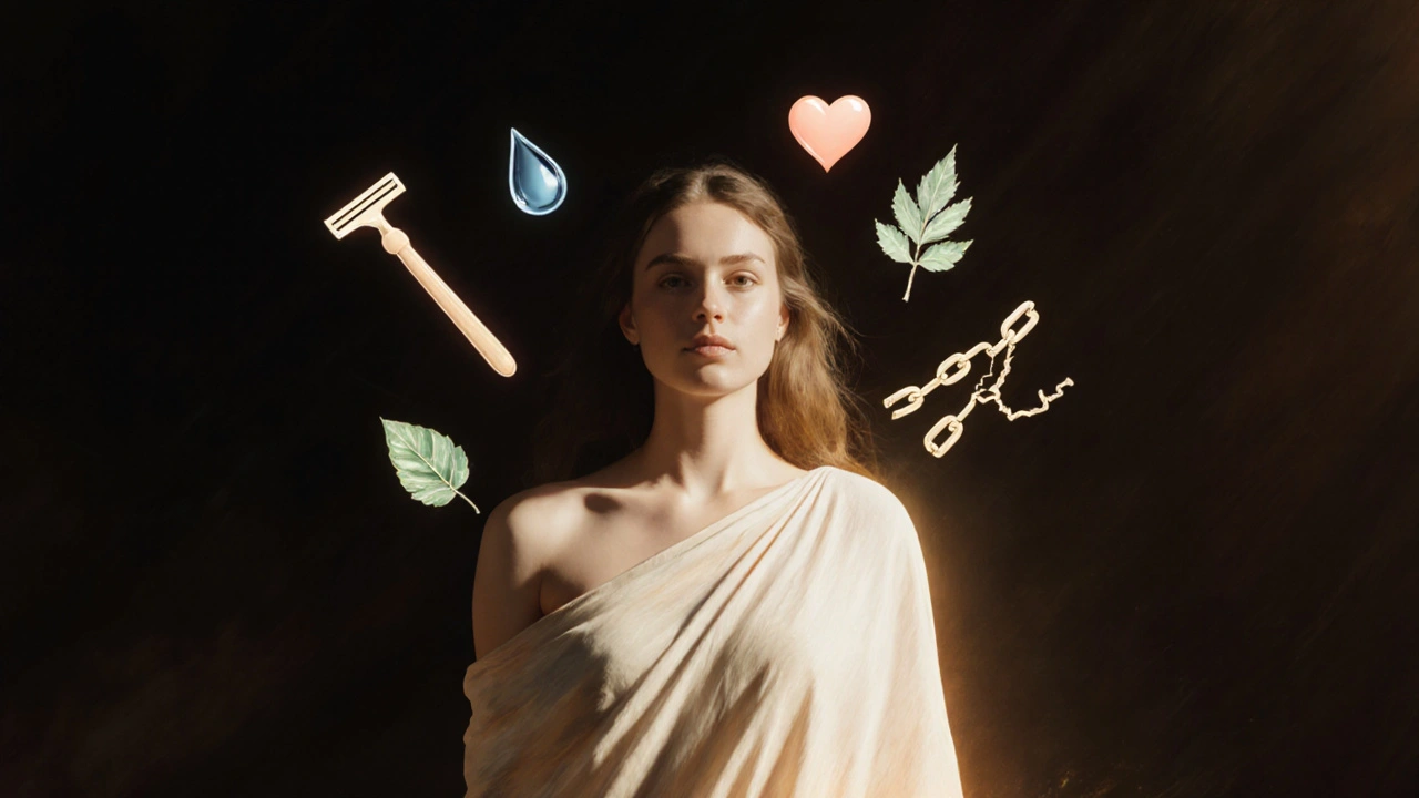 Žena s abstraktními symboly kolem těla, symbolizující výběr a svobodu.