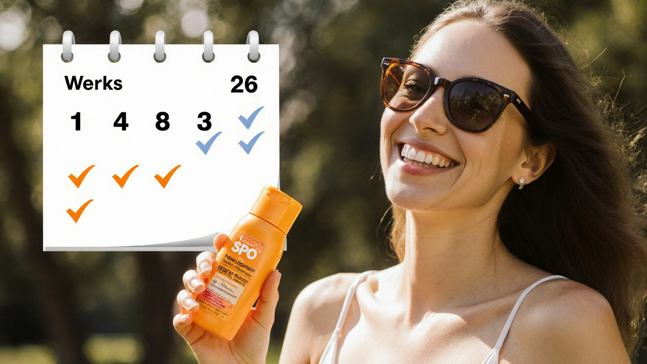 Žena v slunečním světle s krémem na ochranu před sluncem, symbolizující dlouhodobou péči o pleť.