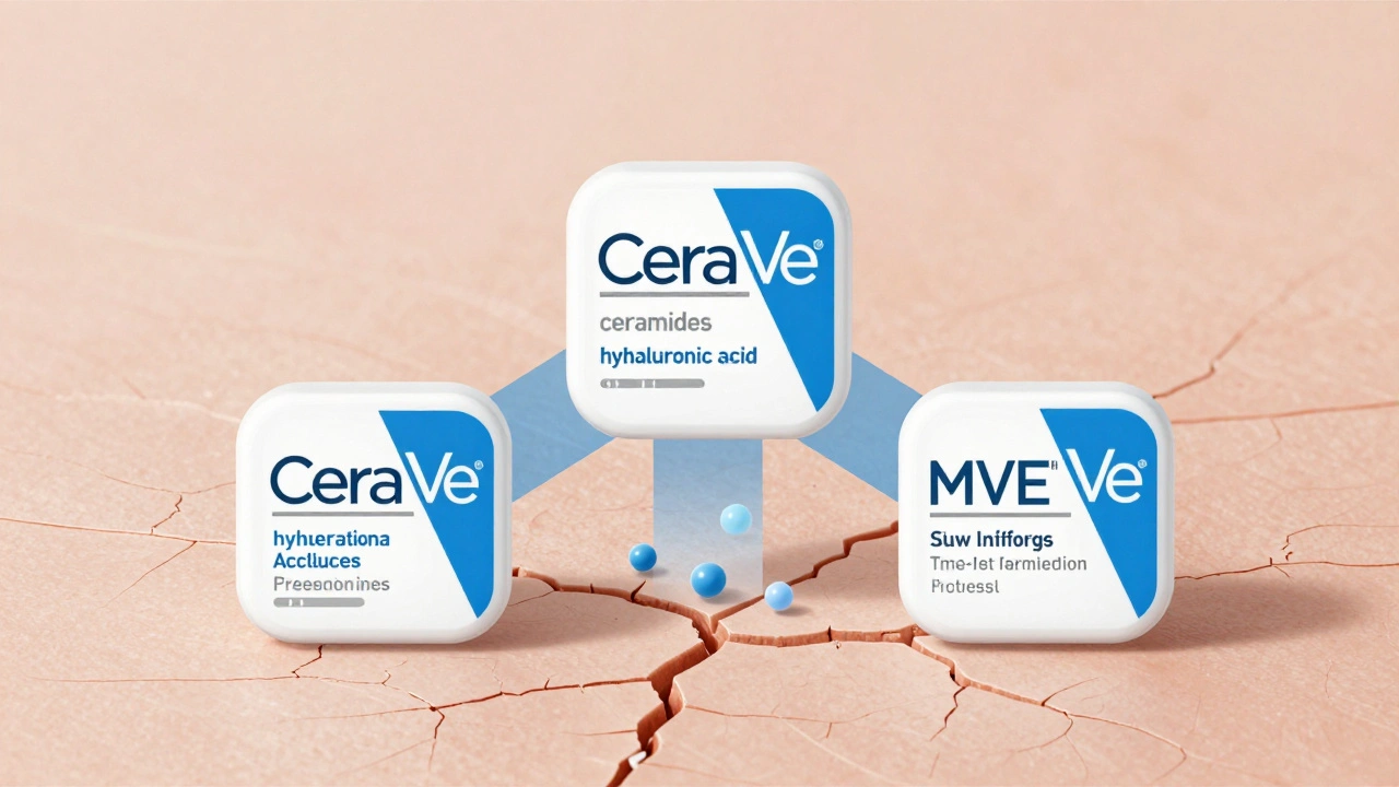 Abstraktní znázornění tří klíčových složek CeraVe jako ochranné bariéry pro pokožku.