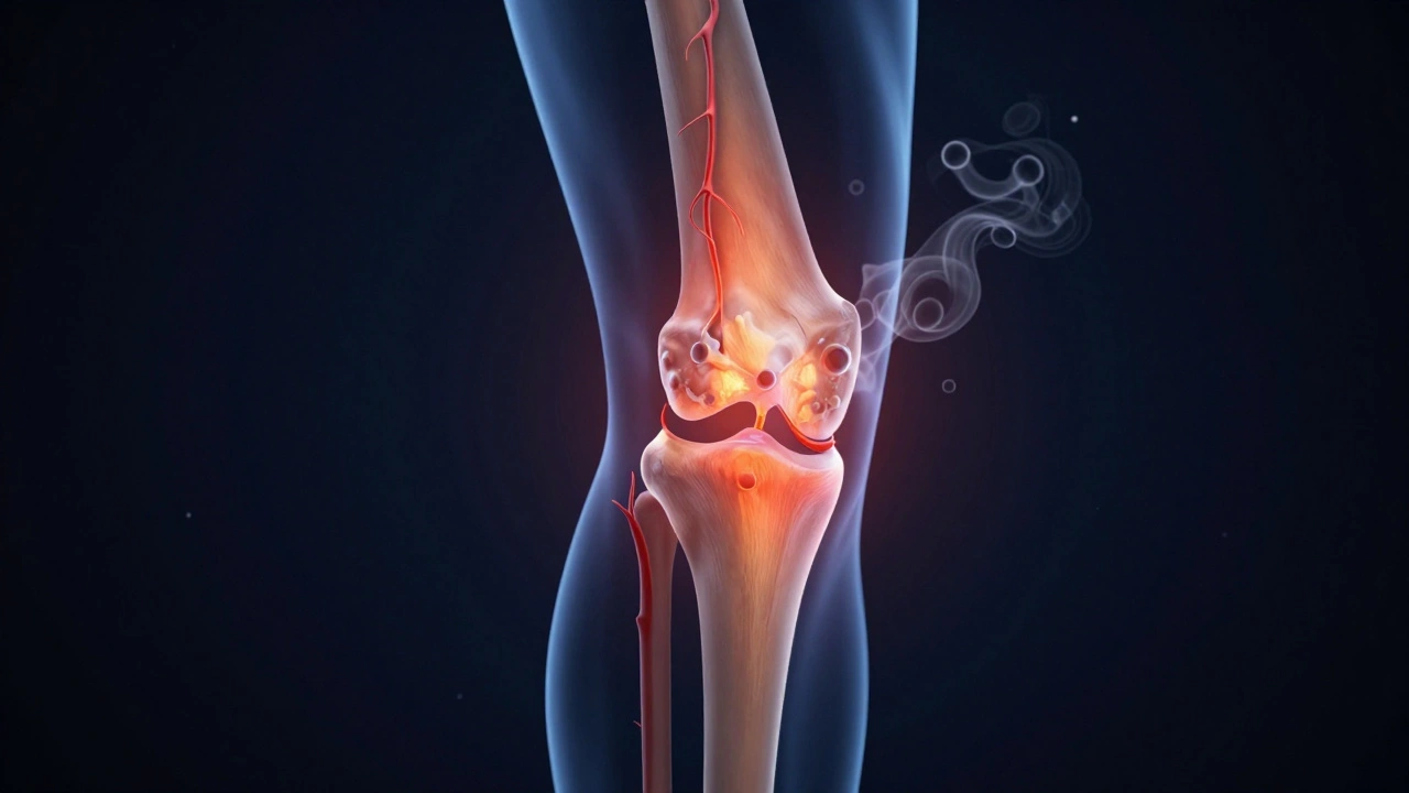 Anatomický výřez kolenního kloubu s oslabeným krevním oběhem a zánětem v noci.