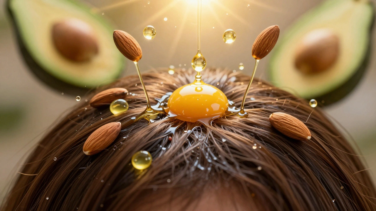 Blízký pohled na zdravé vlasy s přírodními hydratačními látkami proudícími do kořínků.