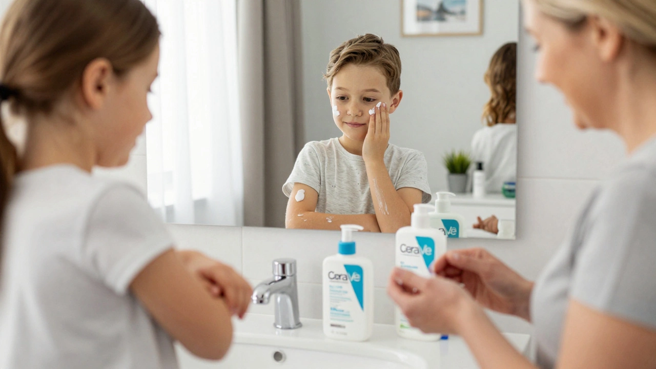 Česká rodina používá krémy CeraVe v domácím prostředí – matka, dítě a dospělý.