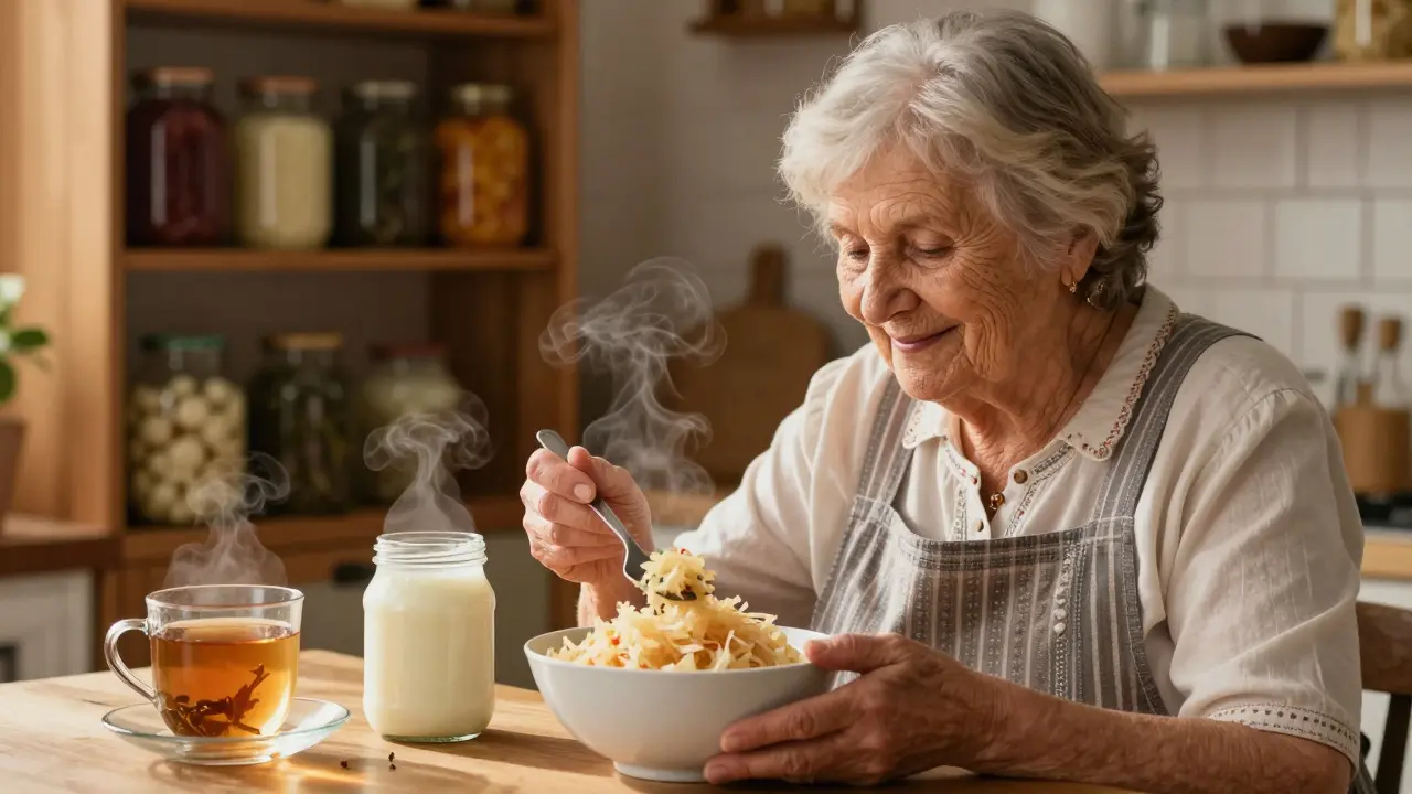 Česká žena připravuje kysané zelí v kuchyni s kefírem a bylinkovým čajem.