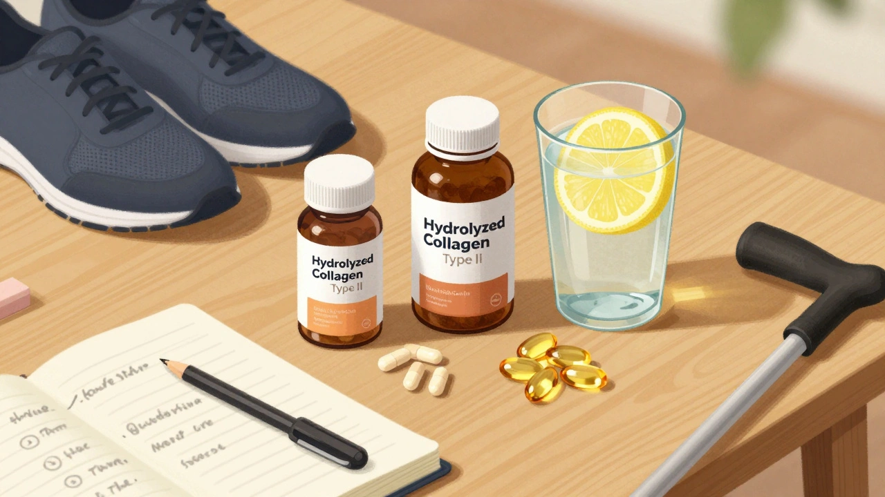 Denní doplňky pro klouby: kolagen, glukosamin, rybí olej a citrónová voda na dřevěném stole.