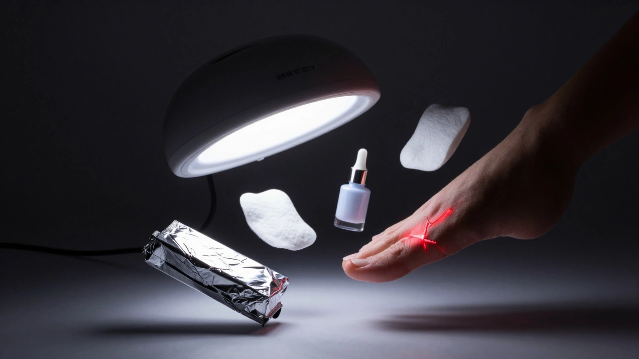 Gelová pedikúra v kapse s nástroji a prasklinou na nehtu v surrealním prostředí.