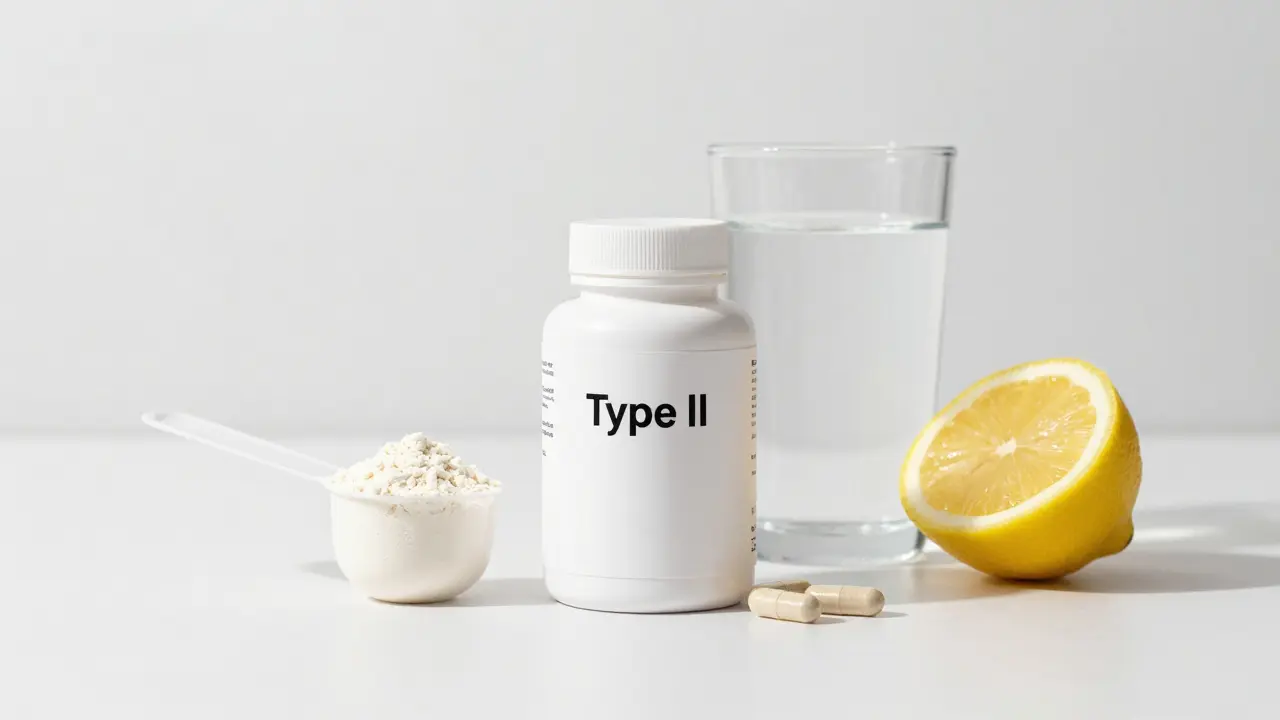 Hydrolyzovaný kolagen typu II v prášku, kapslích a sklenici vody s citronem.