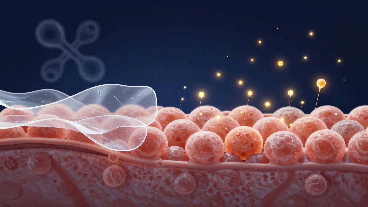 Ilustrace obnovy kůže: odstraňované buňky a nové, zdravé buňky v přechodu.