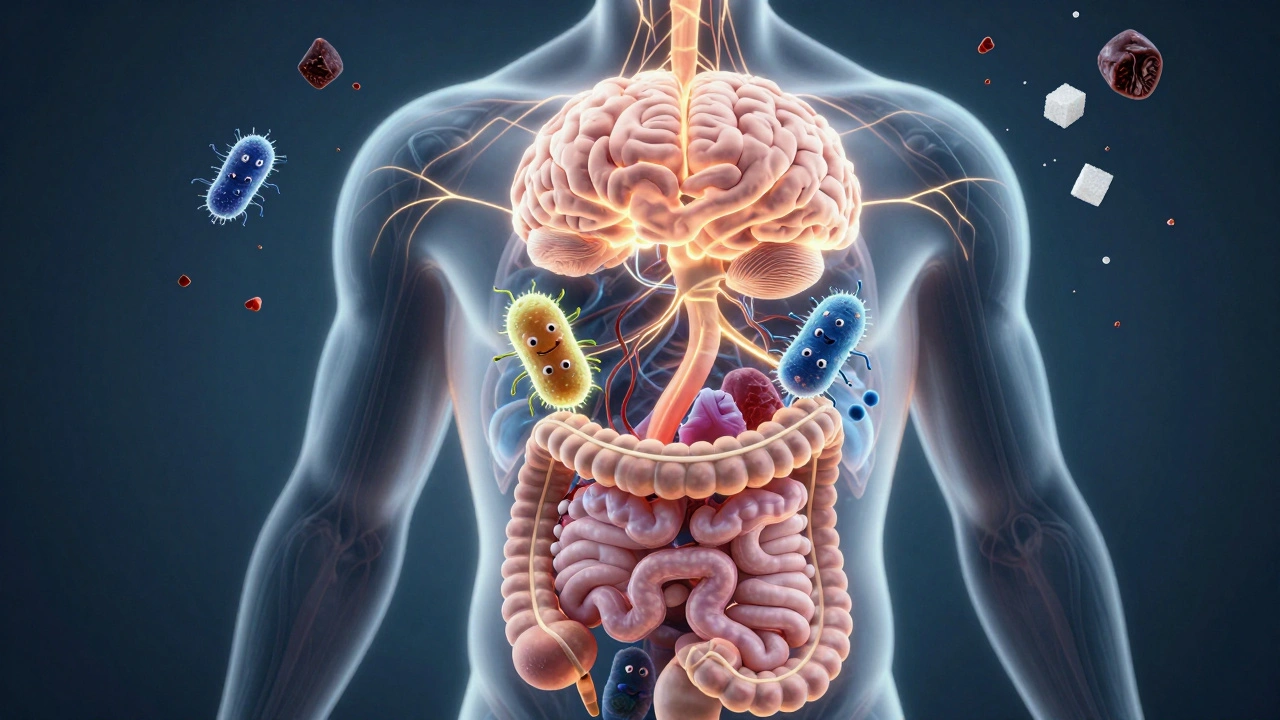 Ilustrace spojení střev a mozku: živé bakterie v útrobách spojené světelnými dráhami s mozkem, zatímco cukr a zpracované potraviny padají jako temné kousky.