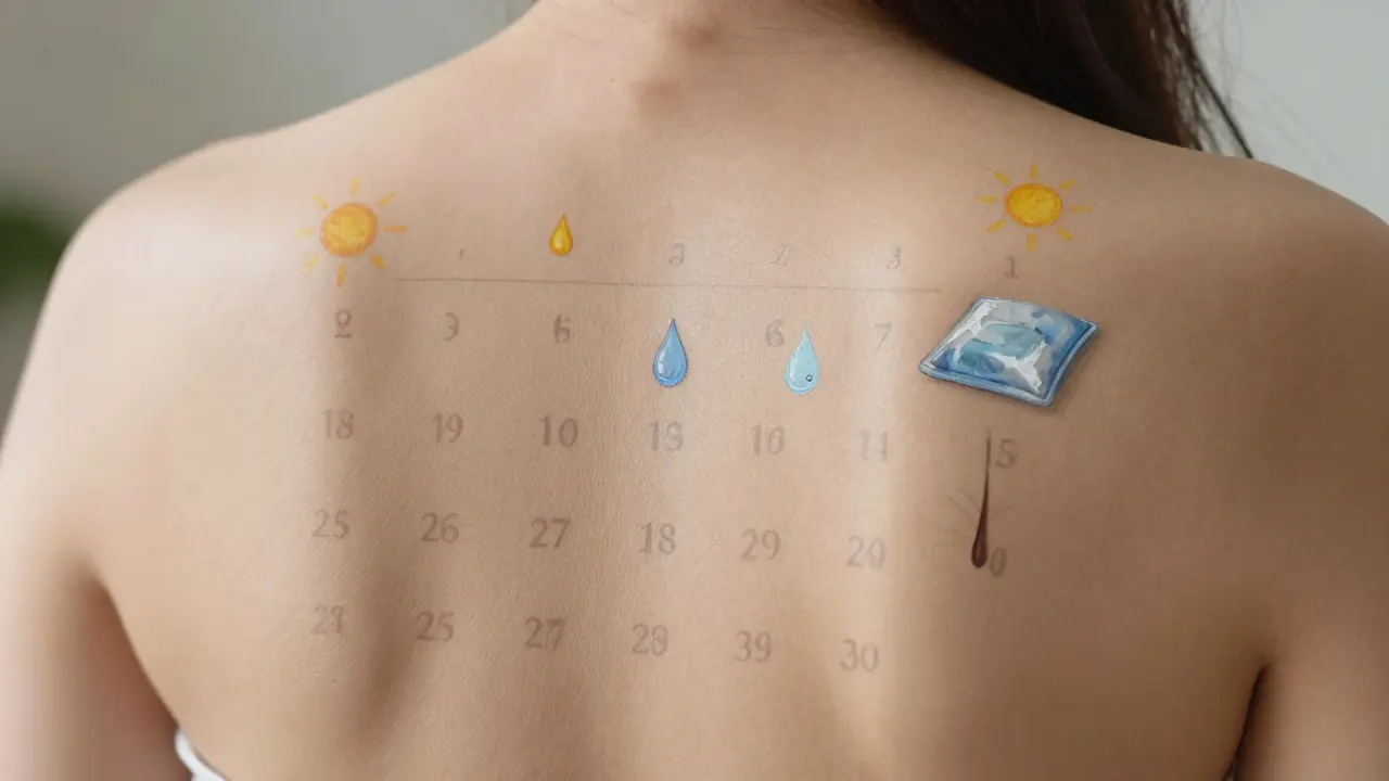Kalendář na kůži ukazuje fáze hojení po laserové depilaci.