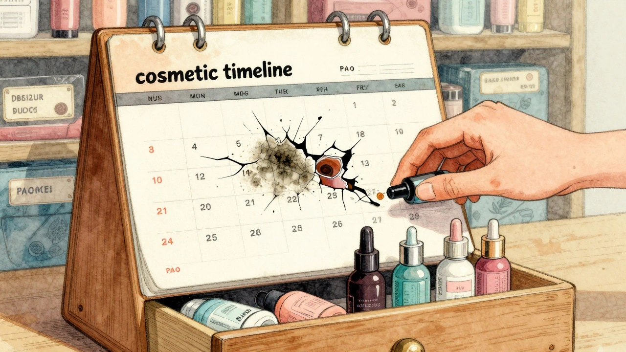 Kalendář s kosmetickými produkty jako symboly času, kde jeden měsíc je zničený a ostatní jsou nové a uspořádané.