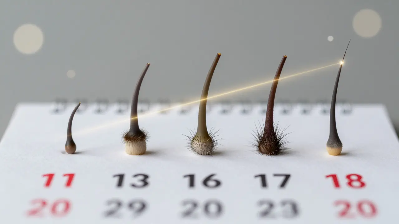 Kalendář s označenými daty depilace a růstem vlasů, symbolizující dlouhodobý efekt.