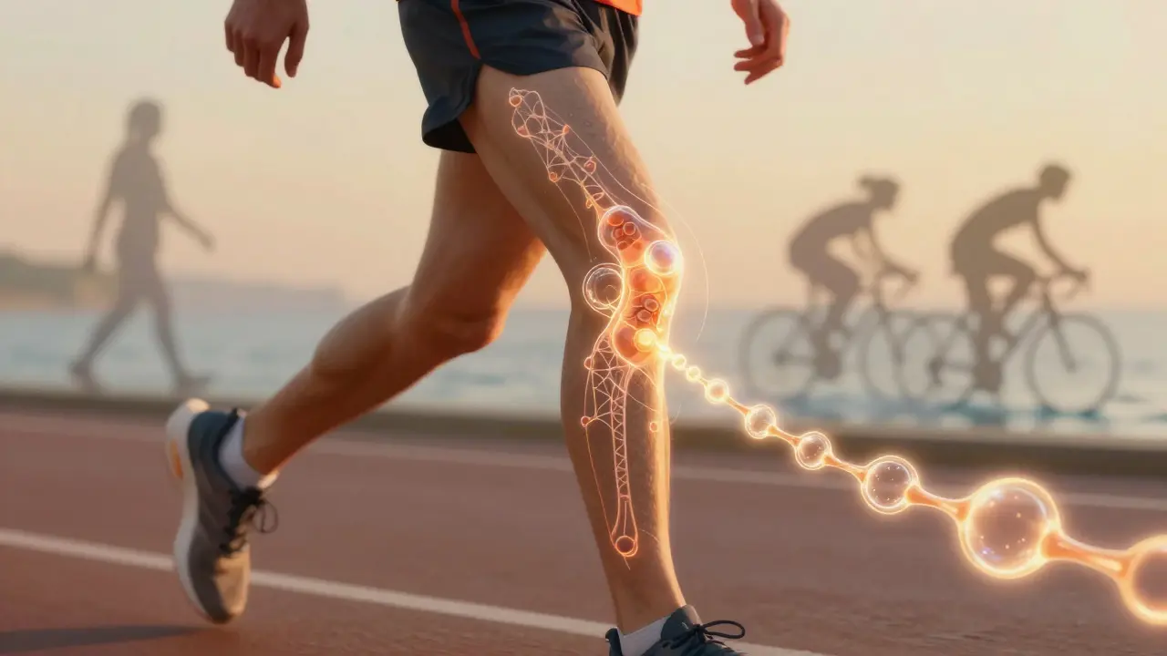 Kolenní kloub v pohybu s molekulárními řetězci kolagenu, které regenerují chrupavku.