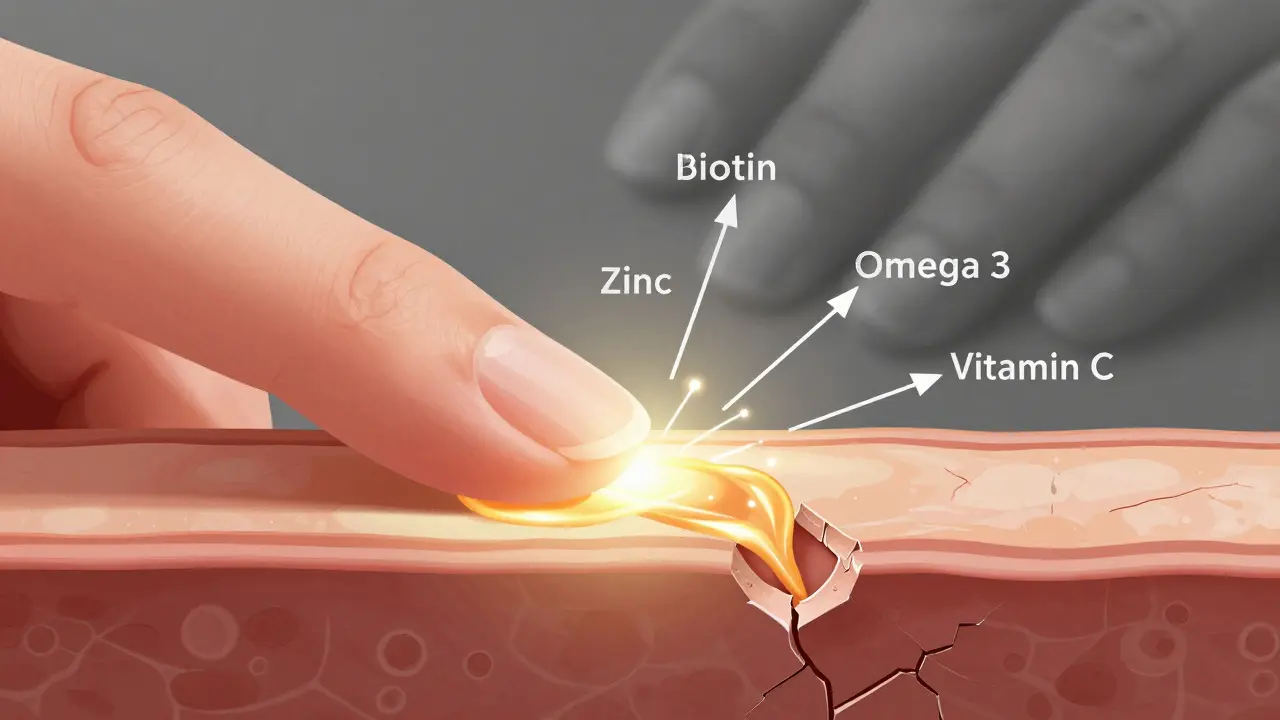 Křehké nehty v pozadí, zatímco živiny proudí do nehtové matrice v ilustrativním stylu