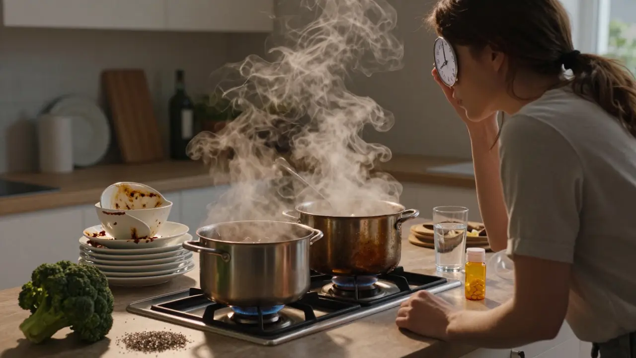 Kuchyně jako symbol játra: přetížená trouba s toxiny a nevyčištěnými nádobími, vedle ní zdravé potraviny a pilulka.