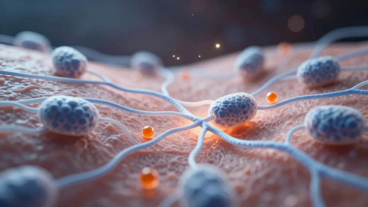 Mikroskopický pohled na kolagenová vlákna a buňky, které obnovují kůži na břiše s vitamínem C.