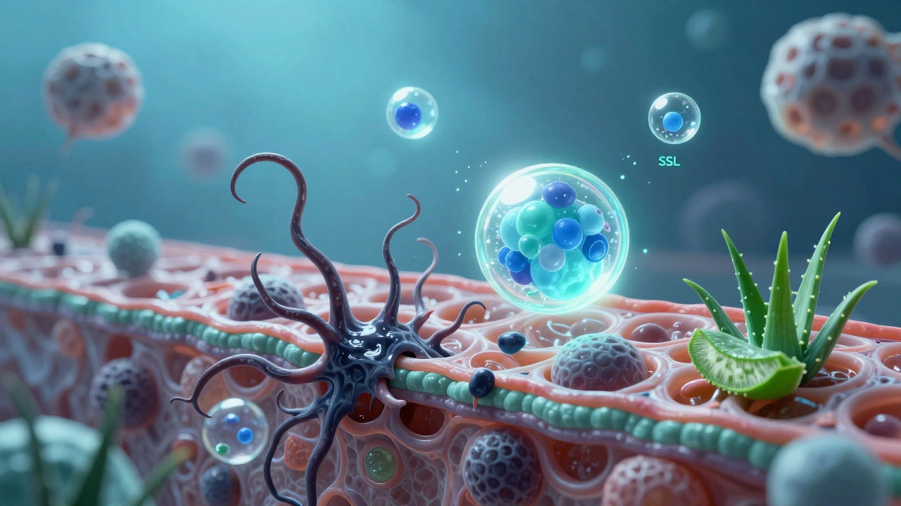 Mikroskopický pohled na kůži s škodlivými chemikáliemi a bezpečnými přírodními složkami.