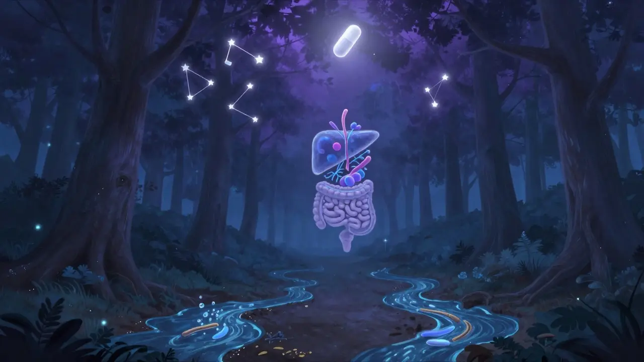 Noční krajina s lidskou siluetou, kde játra a střeva tvoří les s proudy vody a vlákniny podporujícími detoxikaci.