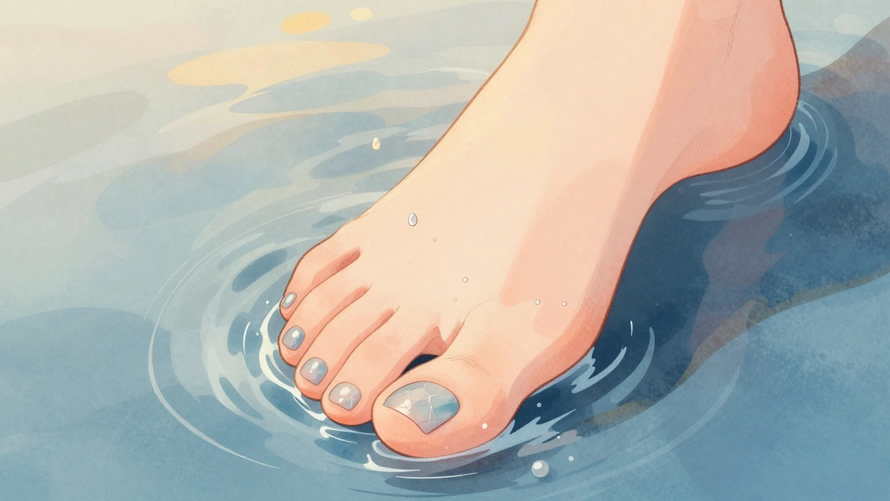 Noha vodou, kde se gelový lak začíná odlepovat od nehtu.