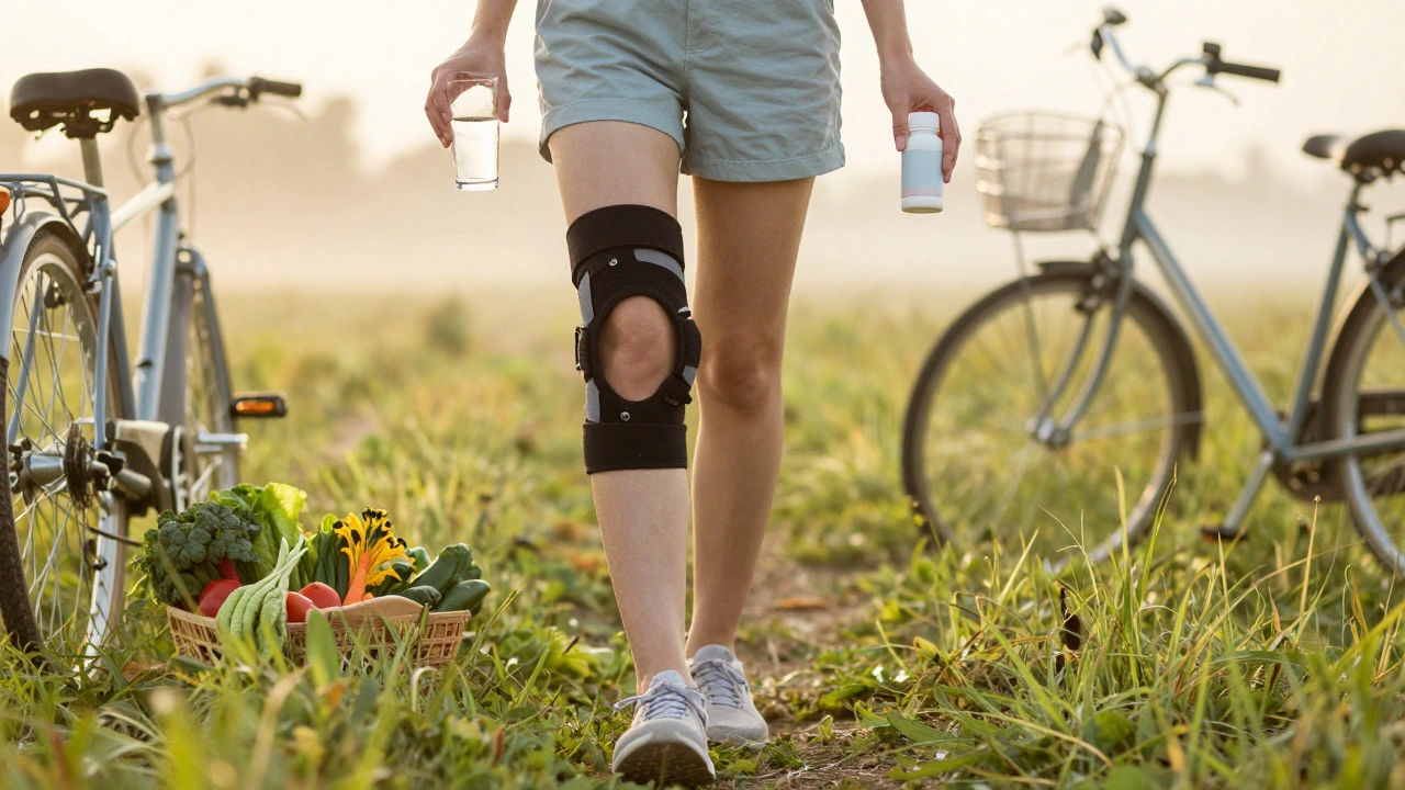 Osoba kráčí ráno po trávníku s kolenní podporou a doplňkem kolagenu, kolem zelená strava.