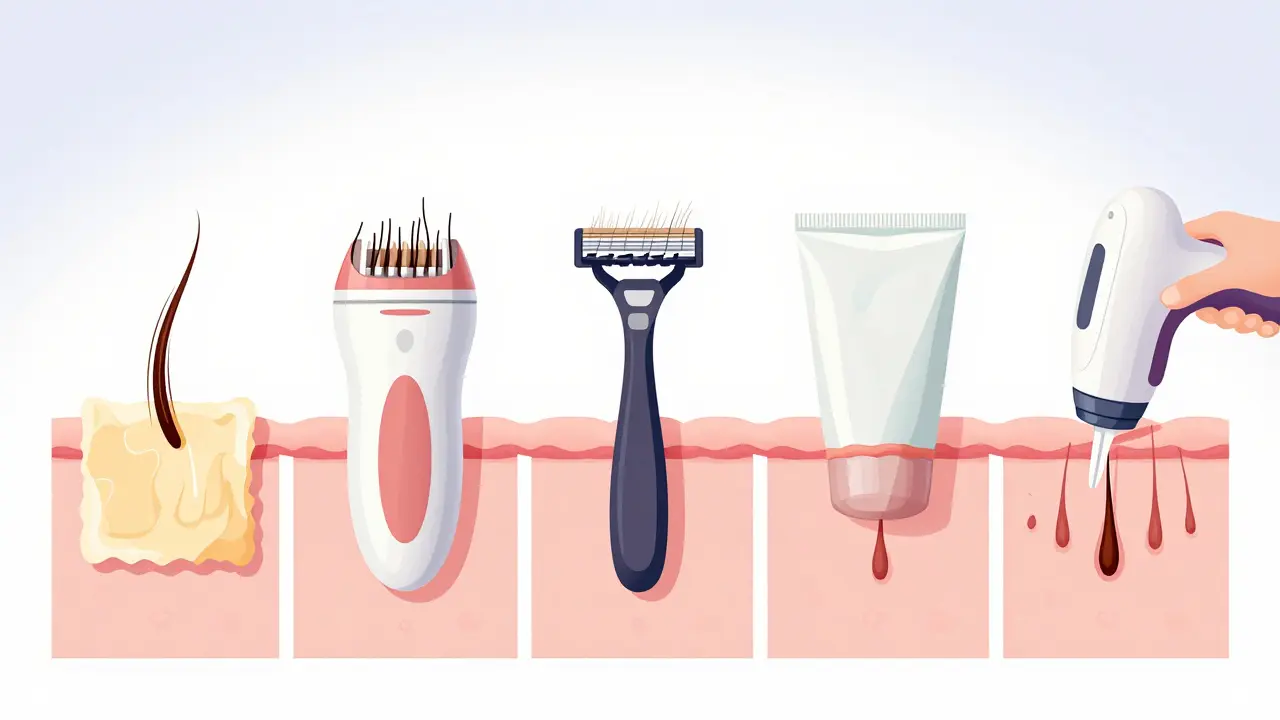 Pět metod odstraňování vlasů: vosk, epilátor, hřeben, krém a laser.