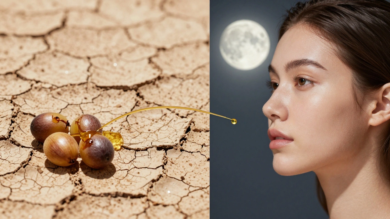 Porovnání suché a zdravé pokožky spojené kapkami pleťového oleje.