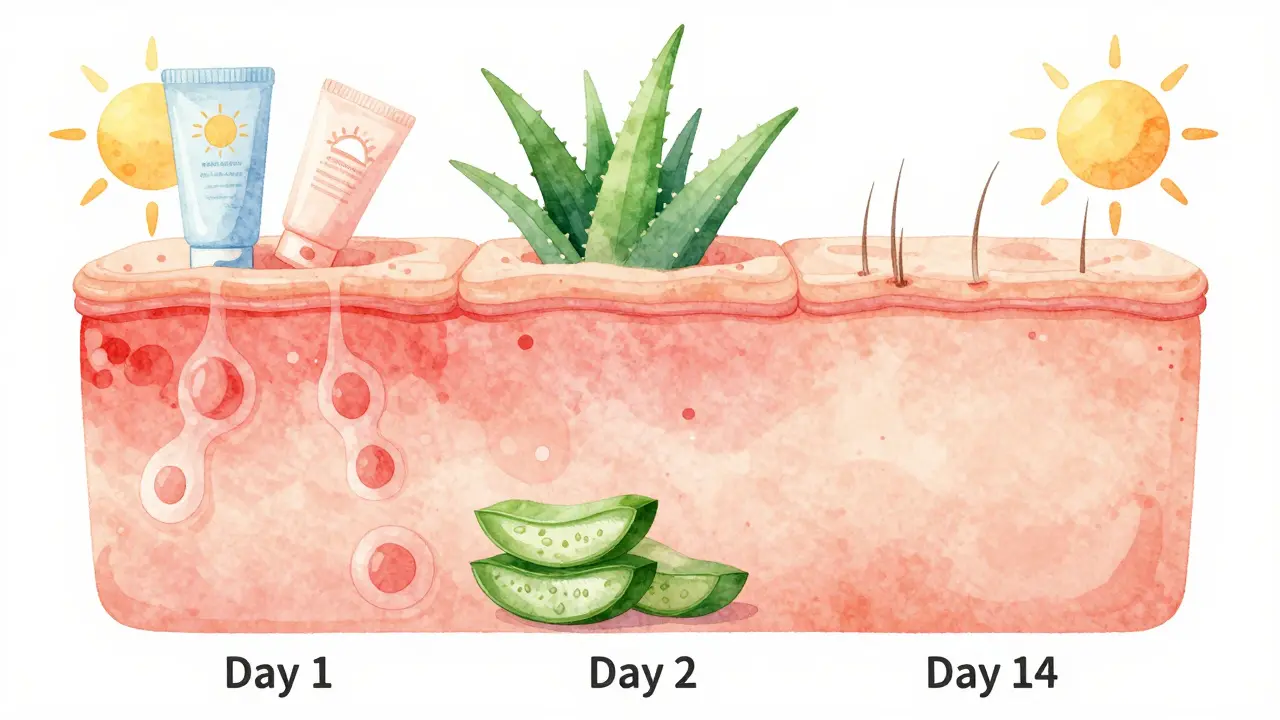 Postupné hojení kůže po laseru od červenání k hladké pokožce.