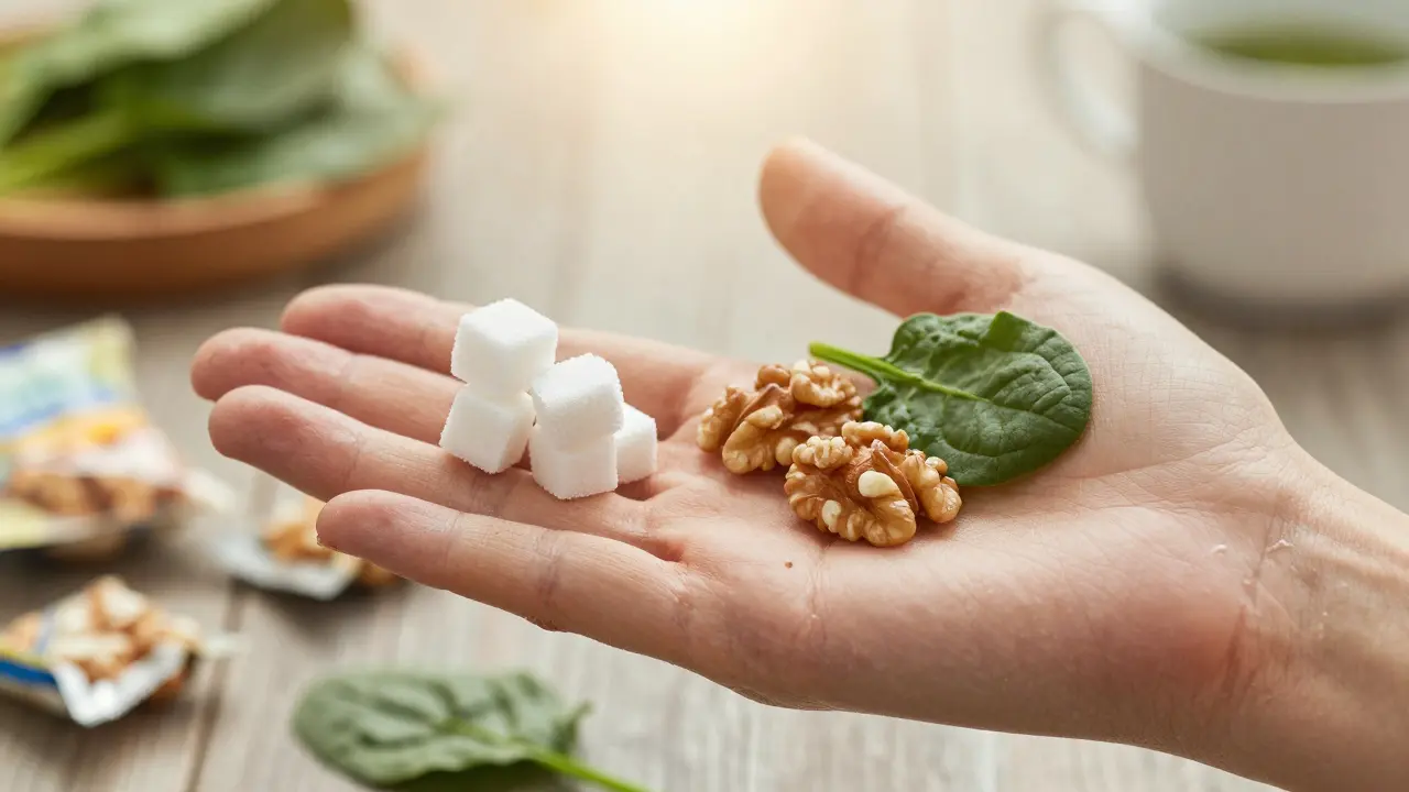 Před a po: suchá kůže s cukrem naproti zářivé kůži s zeleninou a zeleným čajem.