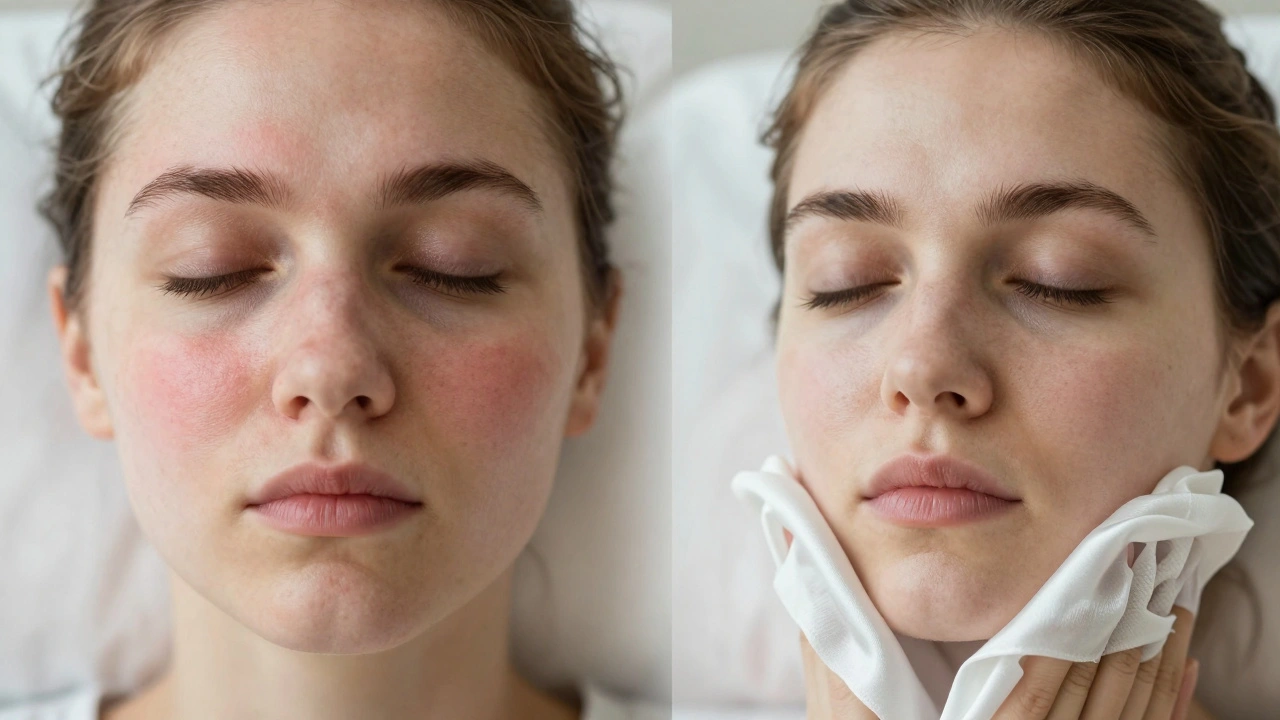 Před a po: zánětlivá pleť vs. klidná pleť po bezpečném ledování.