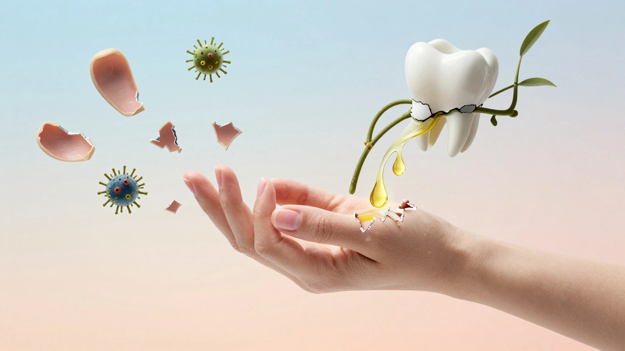 Přeměna poškozeného nehtu v zdravý neht s symboly regenerace