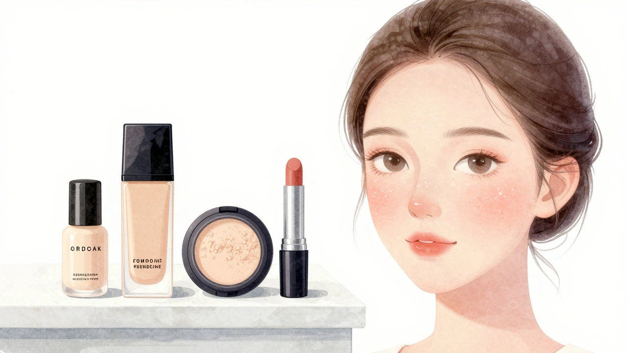 Příprava kosmetiky pro přirozené odlíčení s lehkými produkty na stole.