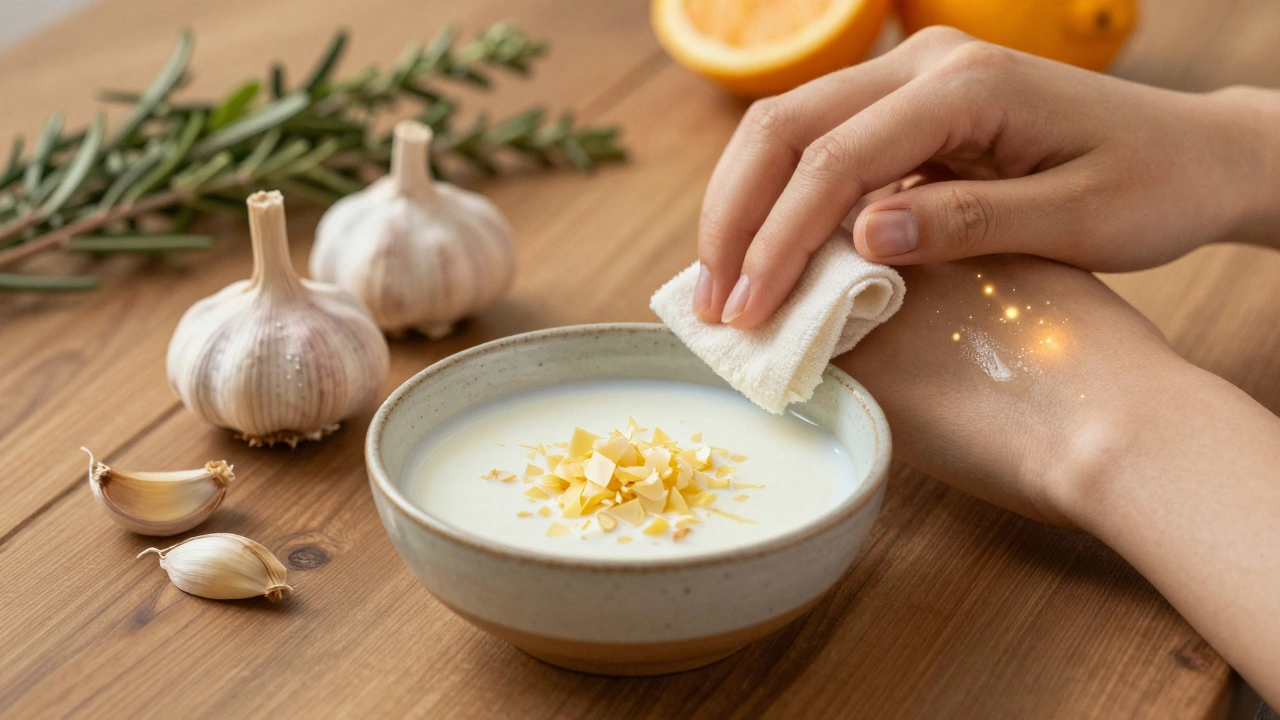 Přírodní směs česnku a mléka se aplikuje na kůži jako domácí metoda zpomalení růstu vlasů.