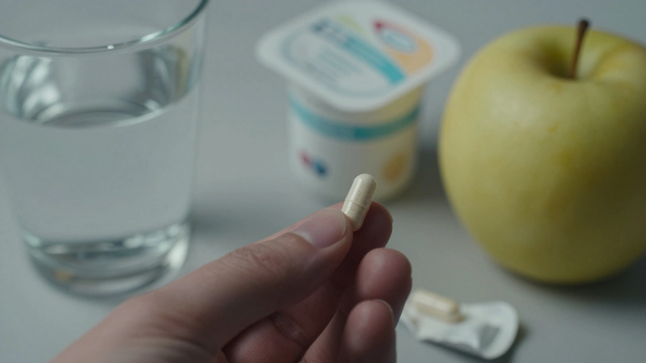 Probiotická vložka s uvedenými kmeny leží vedle sklenice vody a jablka.