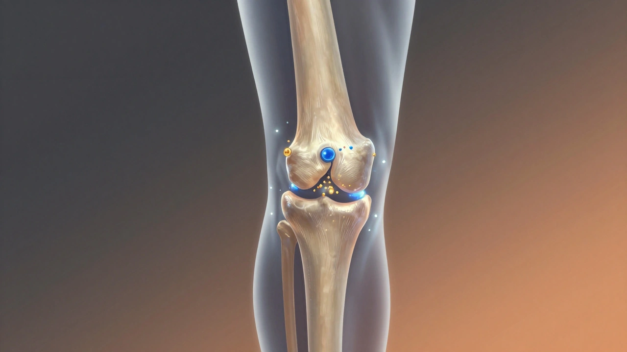 Průhledný kloub s poškozenou chrupavkou, ale obklopený světelnými partikulami reprezentujícími léčivé látky.
