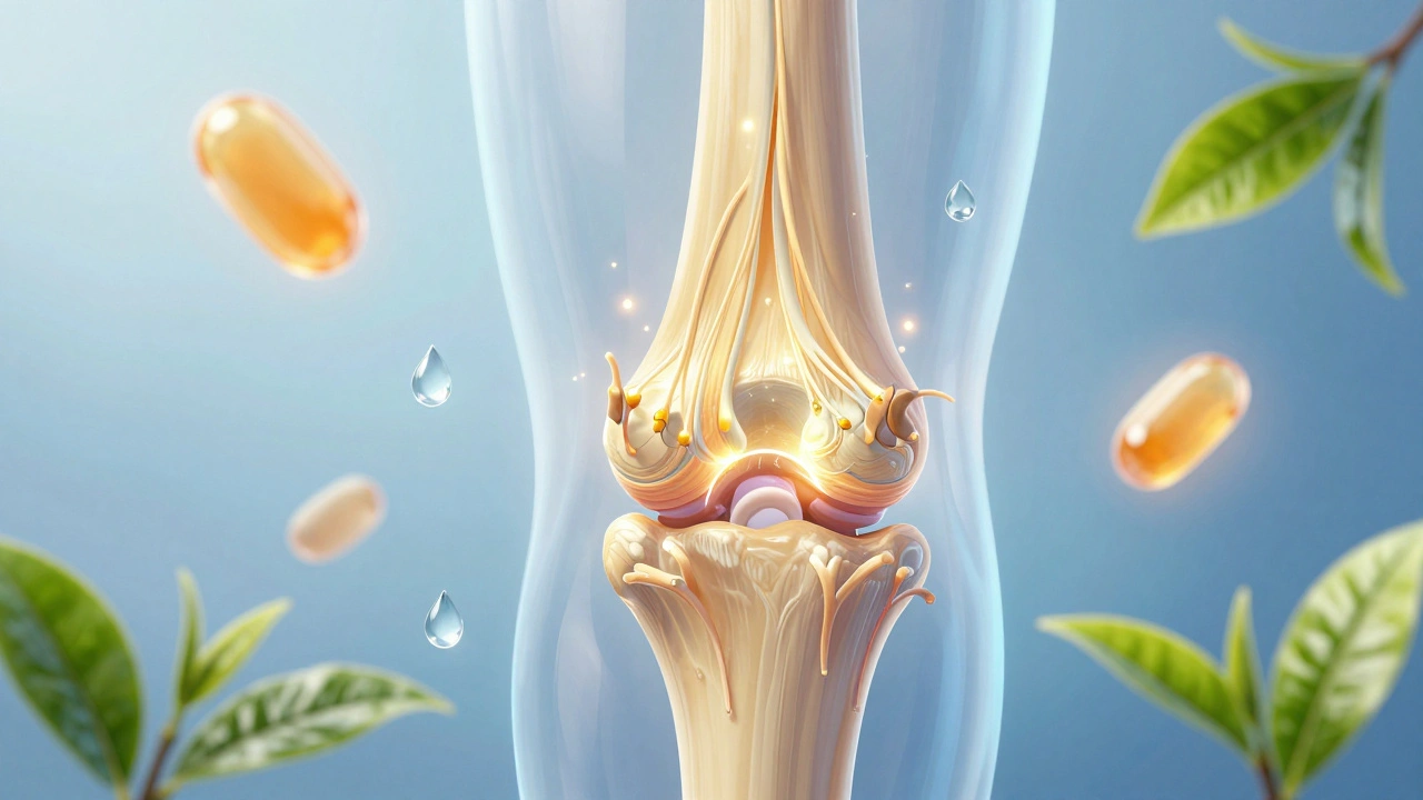 Průřez kloubu s kolagenovými vlákny se obnovující chrupavkou a vitamínem C.