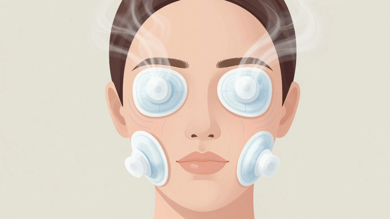 Rozdělení obličeje na zóny s mírným chlazením a viditelným zúžením cév.