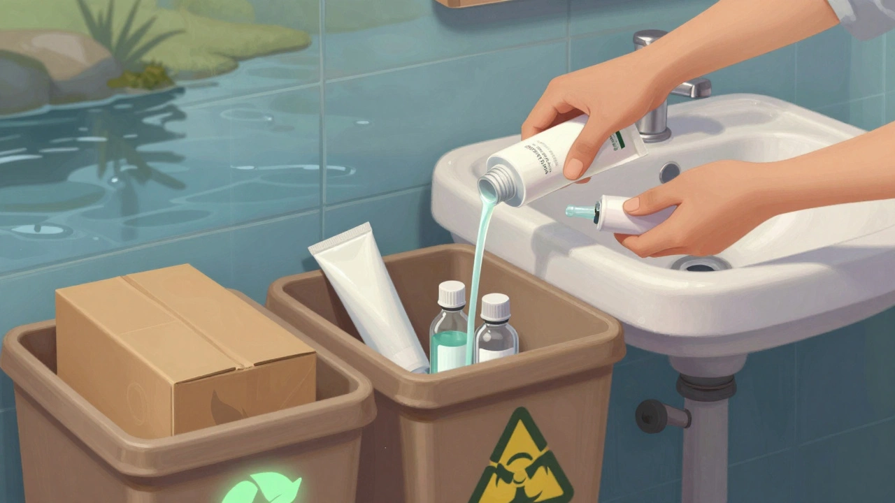 Rozdělování prázdných balení kosmetiky do recyklačních kontejnerů s ekologickými ikonami a ochranou životního prostředí.