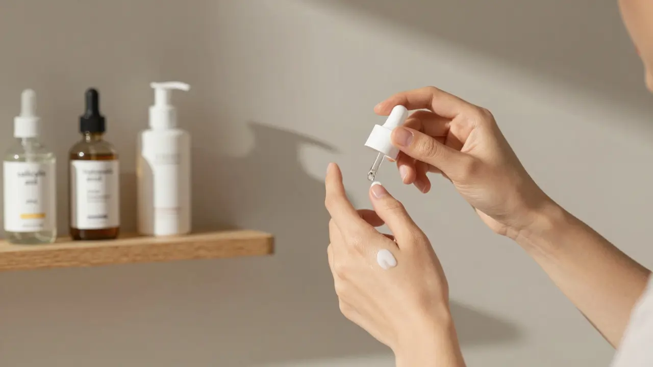 Ruce aplikují lehký hydratační gel a sluneční krém na obličej s jasnou pleťí, minimalistický prostředí.