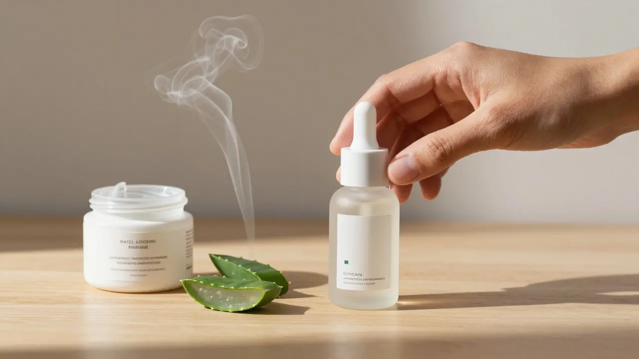 Ruka klade jednoduchý krém na dřevěný povrch, zatímco škodlivé látky se rozplynou.