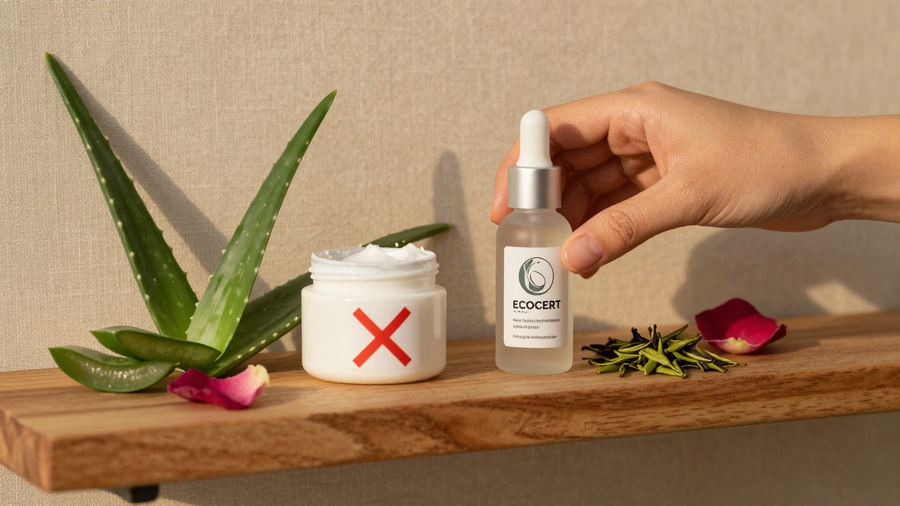 Ruka klade přírodní krém na poličku vedle odhozeného běžného produktu s přírodními prvky.