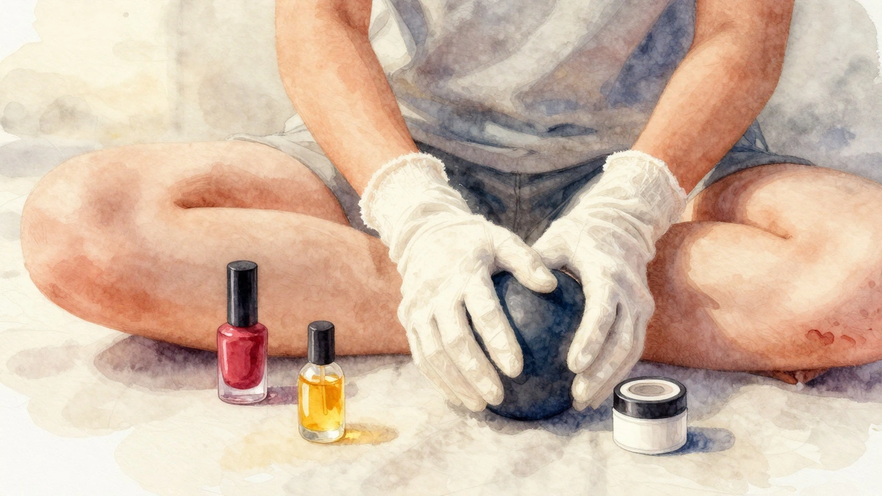 Ruka v bavlněných rukavicích drží stresovou kouli a léčivé oleje