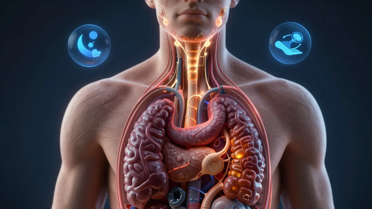 Schematiczné znázornění hormonálního vlivu na výrobu tuku v kůži, spojení s tukovými žlázami.