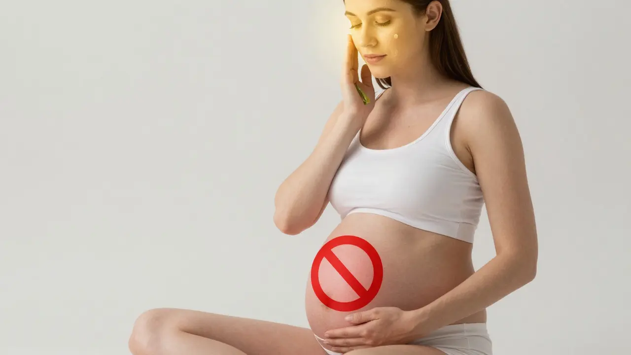 Těhotná žena se jemným dotykem na tváři, červený symbol zakazující masáž na břiše.