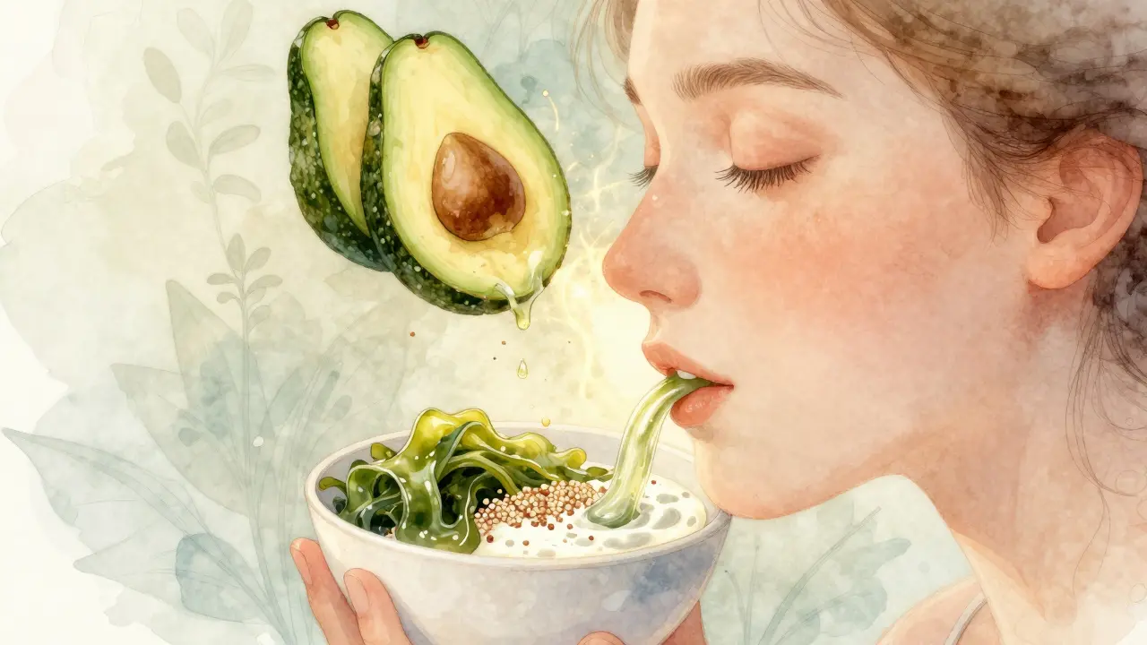 Tvář se sloučenou s výživou: avokádo, quinoa a kefír proudí do kůže jako tekutá energie.