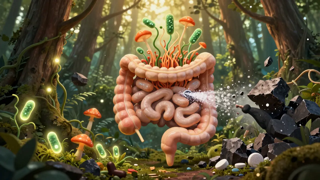 Umělá ilustrace střev jako lesa s živými bakteriemi a prebiotickými kořeny.