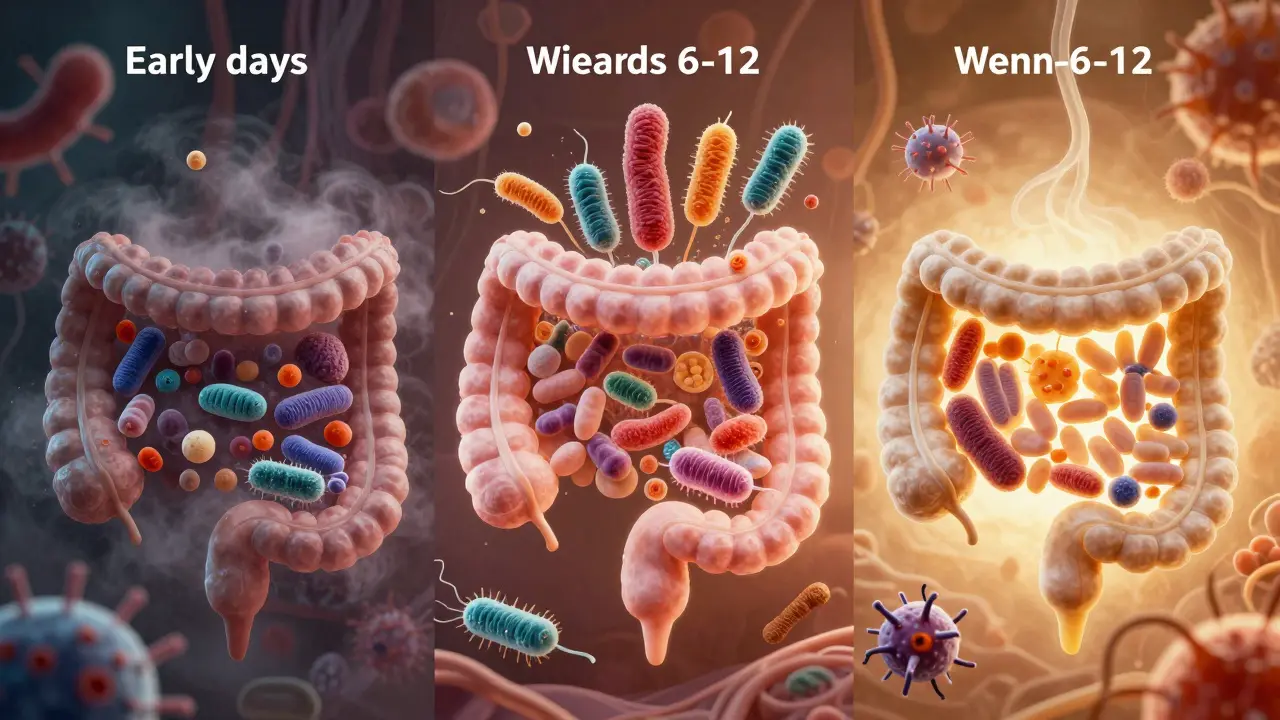 Vnitřní obraz střev s přirozeně rostoucími užitečnými bakteriemi a ustupujícími škodlivými.