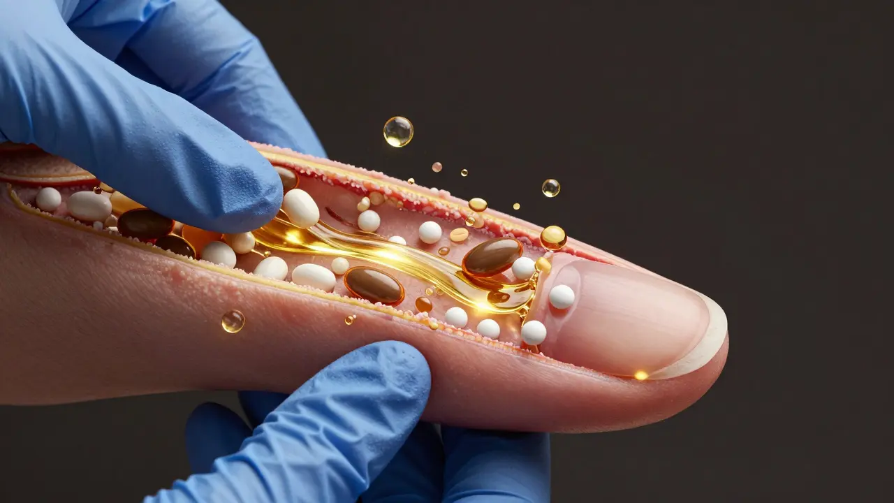 Vnitřní proces zpevňování nehtů pomocí výživových látek.