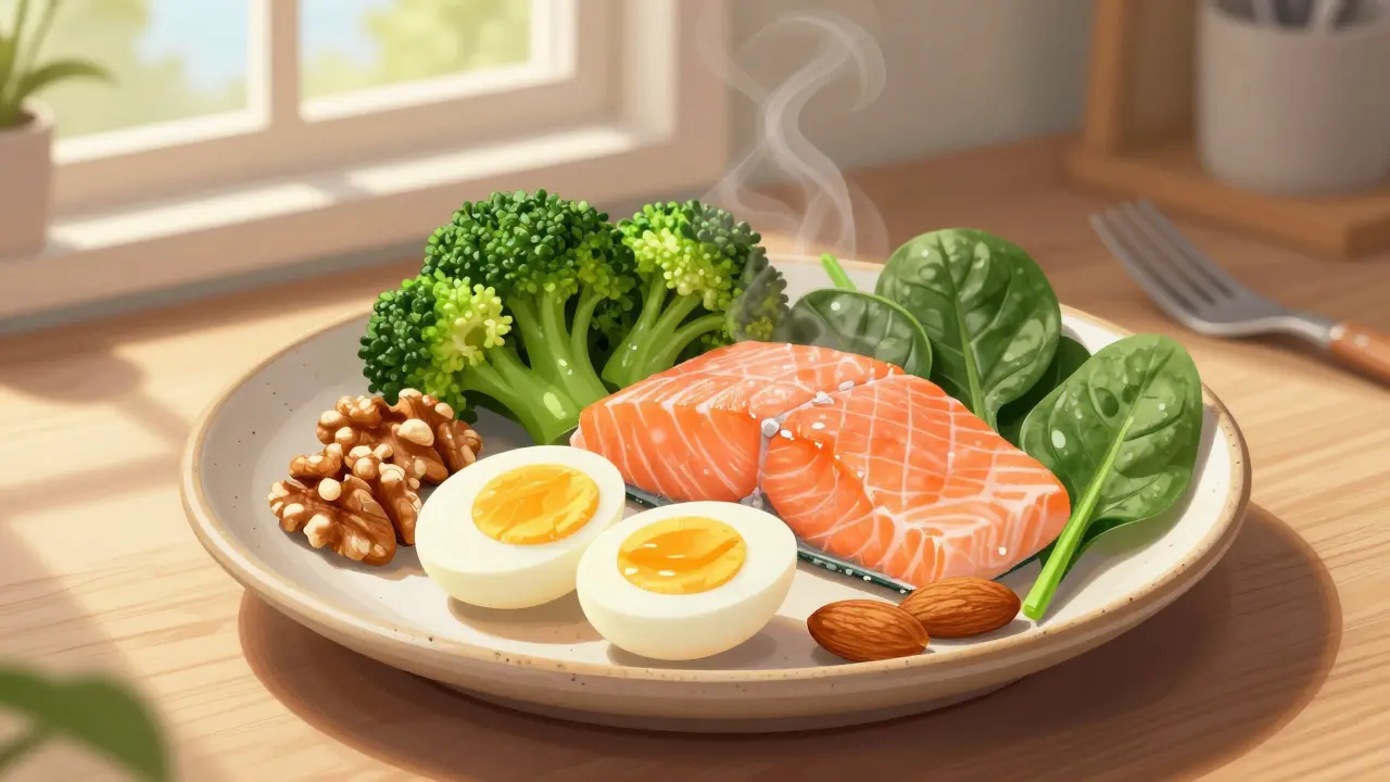 Zdravá strava pro pevné nehty: vejce, ořechy, losos a zelenina na talíři.