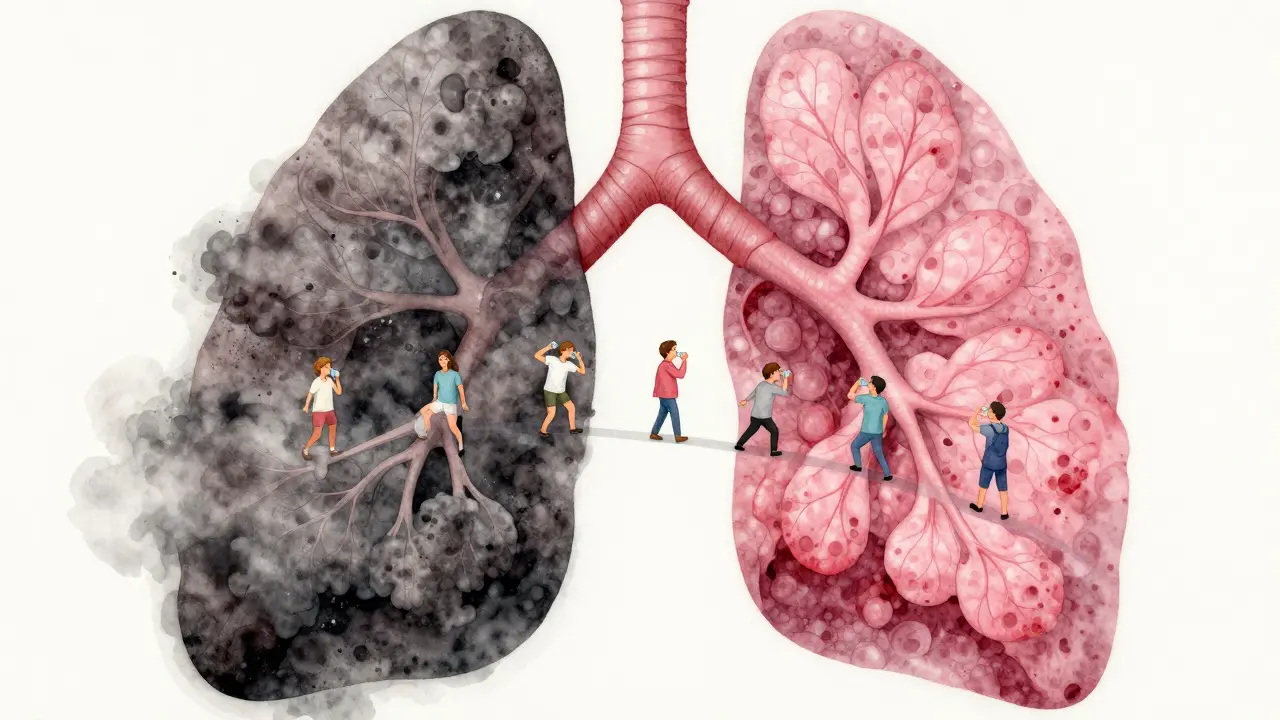 Zdravý plicní tkáň se mění z černé a znečištěné na živou a čistou, s lidmi provádějícími detoxikaci.